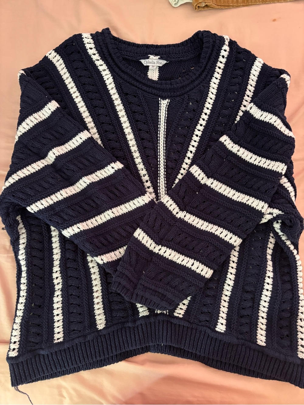 Navy and White Striped Cable Knit Sweater